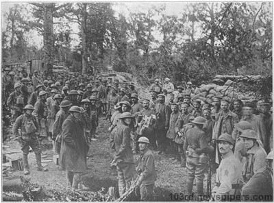 German prisoners captured
by the regiment on the first morning of the St. Mihiel drive assembled at the headquarters
of the regiment, P.C. La Cloche. They are just a few of the nine hundred taken that day